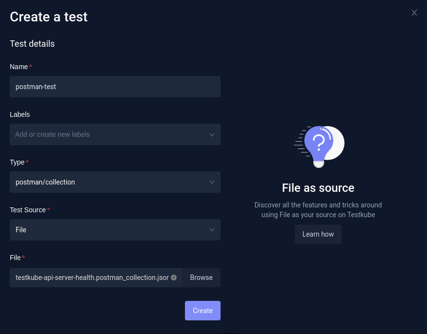 dashboard create postman test from file